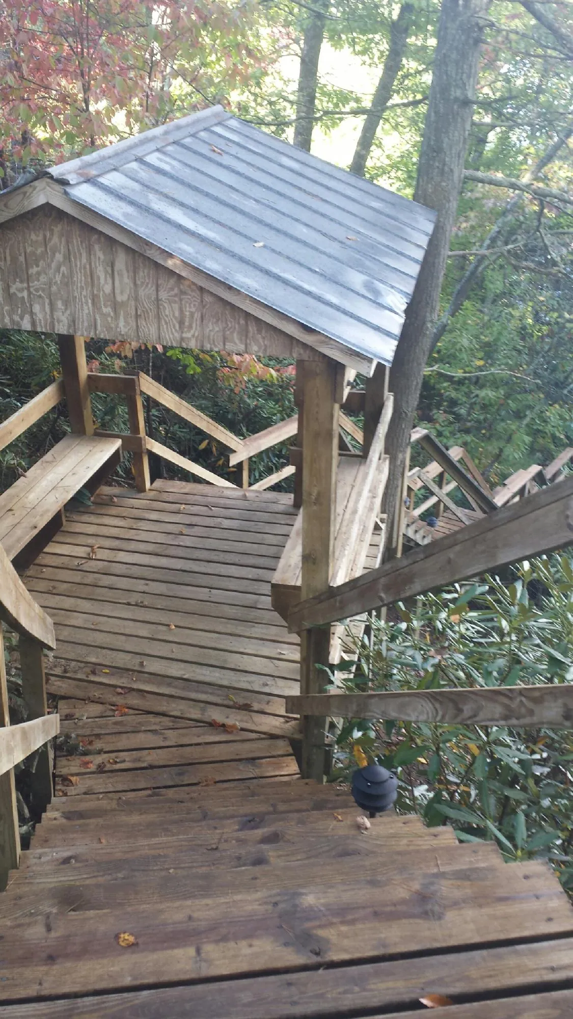 Metal roofed shelter over wooden steps on a wooded walkway — Skylight Repair & Installation work by our crew in Ellettsville